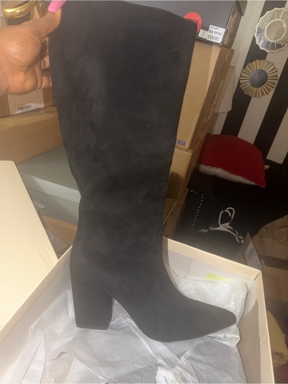 Women's Black Suede Mid-Calf Block Heel Boots